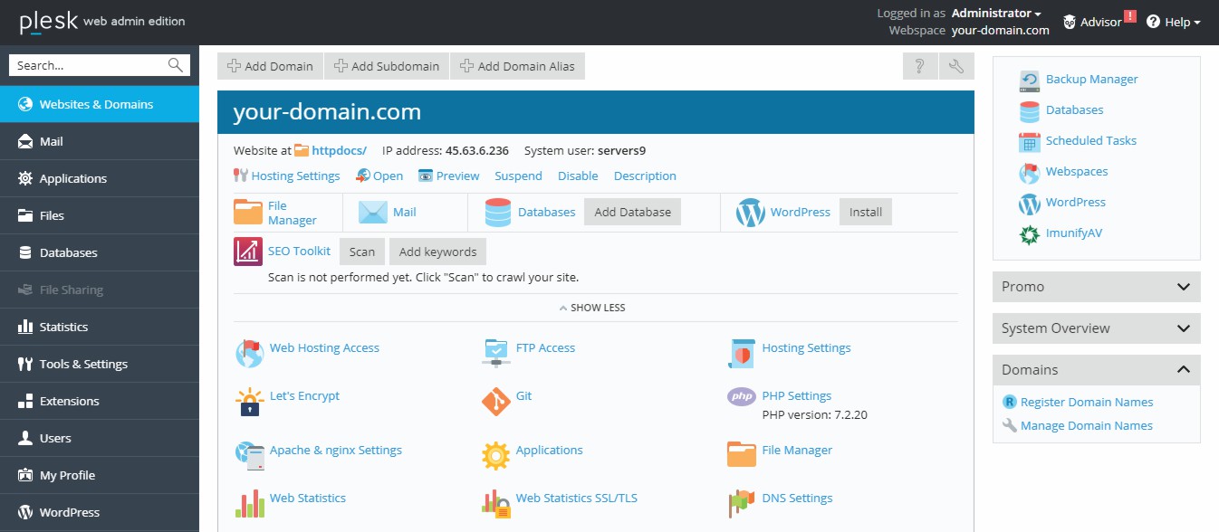 Plesk Web Admin Edition kontrol paneli